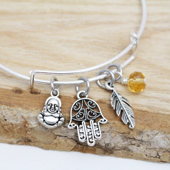 Buddha, Hamsa & Feather Adjustable Charm Bangle - Handcrafted - Picture 2 of 4
